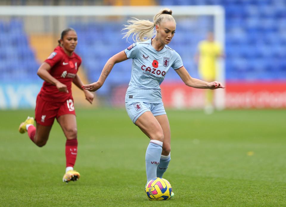 BIRKENHEAD, ENGLAND - NOVEMBER 06: Alisha Lehmann of Aston Villa runs with the ball during the FA Women's Super League match between Liverpool and Aston Villa at Prenton Park on November 06, 2022 in Birkenhead, England. (Photo by Cameron Smith/Getty Images)