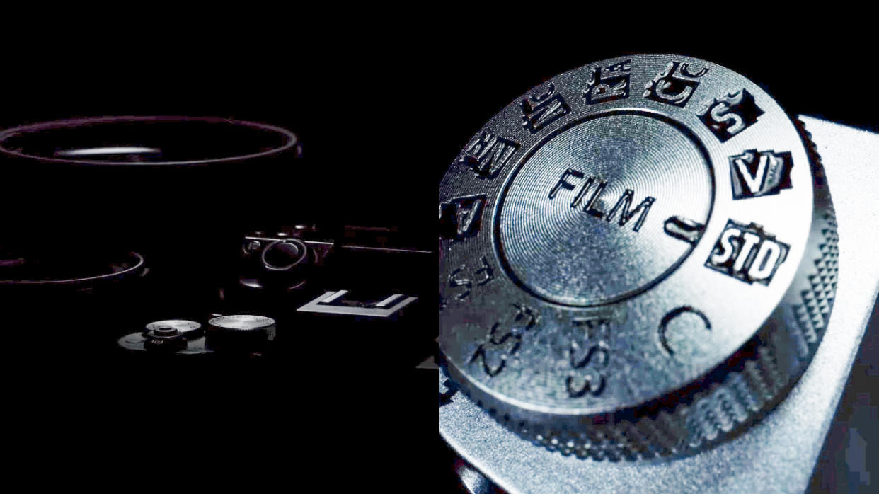  Images from Fujifilm's X Summit 2024 Sydney teaser, depicting new equipment and a Film Simulation dial. 