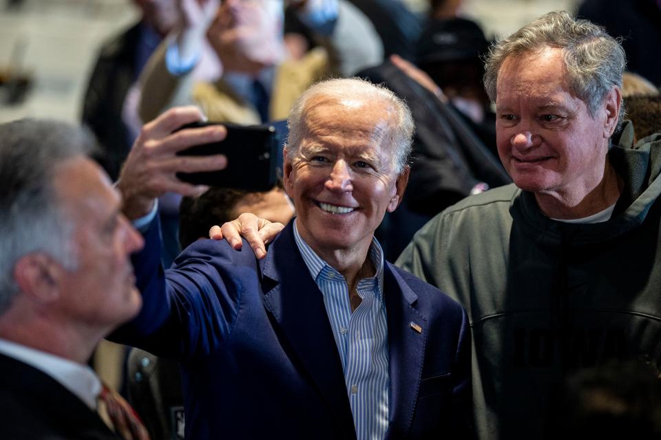 Former Vice President Joe Biden takes a selfie after speaking to a crowd of people on Tuesday, April 30, 2019, at the Veterans Memorial Building in Cedar Rapids. This is Biden's first trip to Iowa after announcing his run for president.