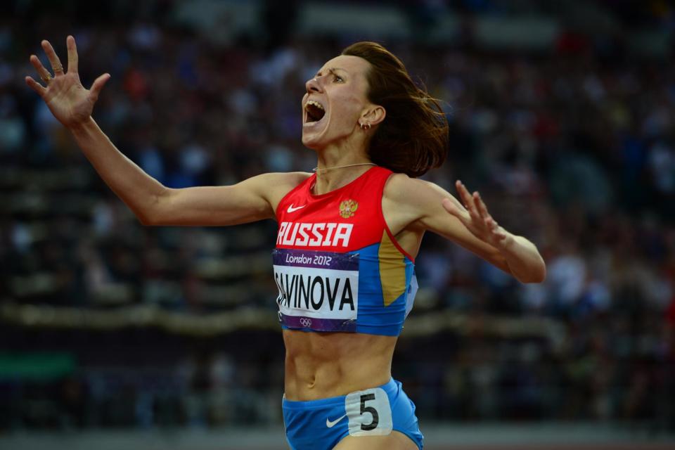 Shamed | Mariya Savinova wins the 800m at London 2012 - she was later stripped of gold and banned for doping: AFP/Getty Images/Franck Fife