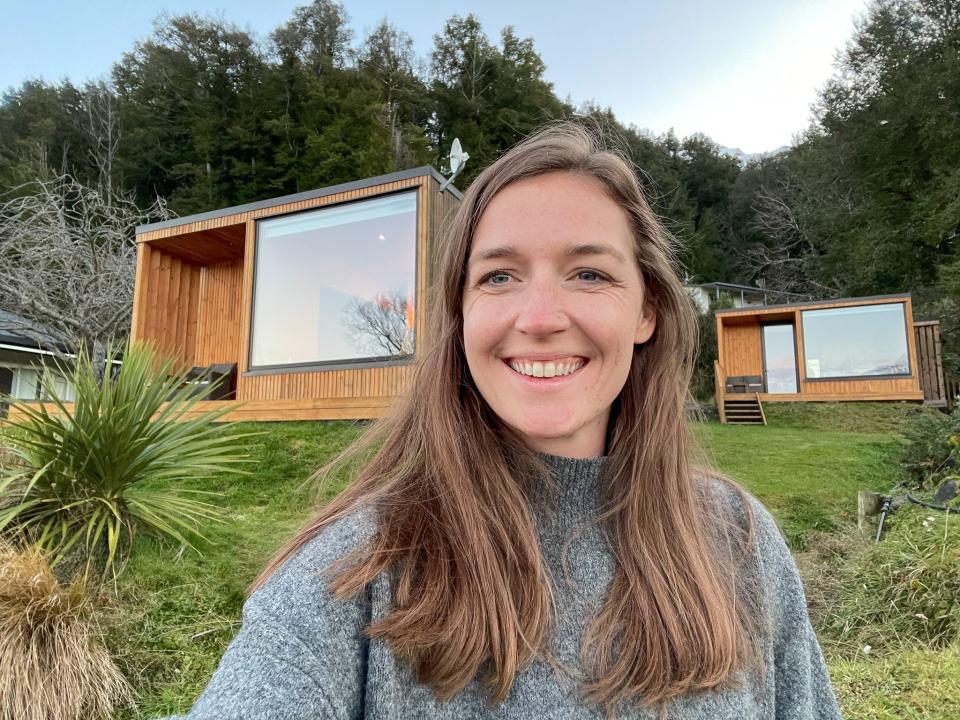 The author in front of her tiny house for the night.