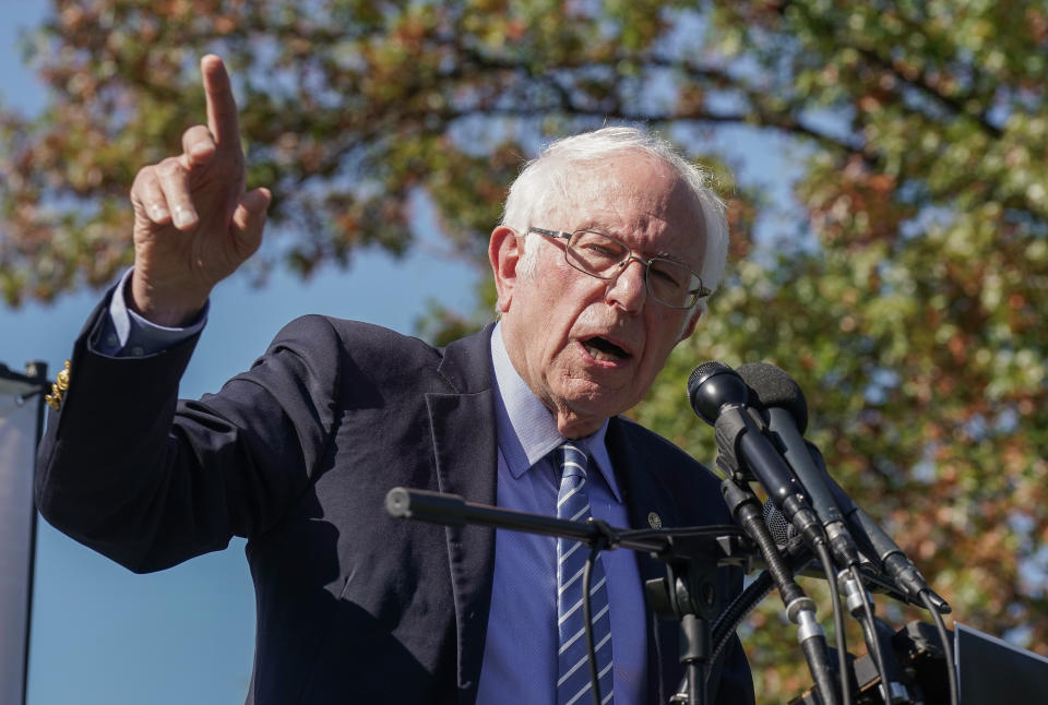 U.S. Senator Bernie Sanders speaks at a protest calling for the Republican Senate to delay the confirmation of Supreme Court Justice Nominee Amy Coney Barrett at the U.S. Capitol on October 22, 2020 in Washington, DC. (Jemal Countess/Getty Images for Care In Action)