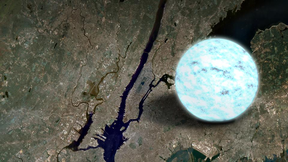 A blue sphere can be seen above a satellite view of the Earth to represent its size.