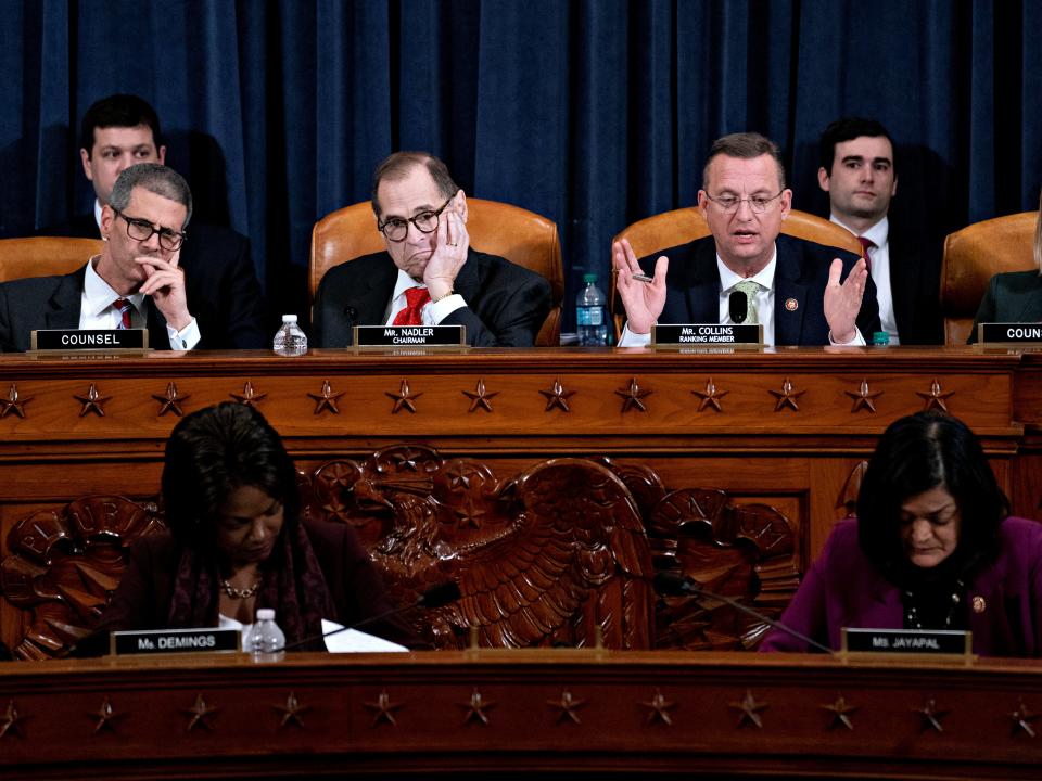 Representative Doug Collins, a Republican from Georgia and ranking member of the House Judiciary Committee, second right, speaks as chairman Representative Jerry Nadler, a Democrat from New York, listens during a hearing in Washington, D.C., U.S., December 12, 2019. Andrew Harrer/Pool via REUTERS