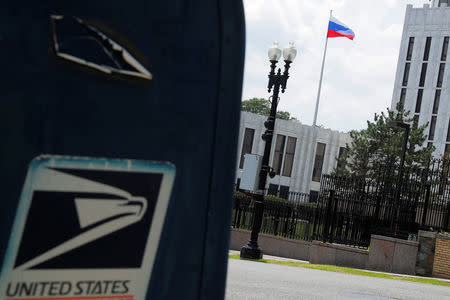 A mail box with a "United States" label sits across the street from the Embassy of Russia in Washington, U.S., August 6, 2018. REUTERS/Brian Snyder