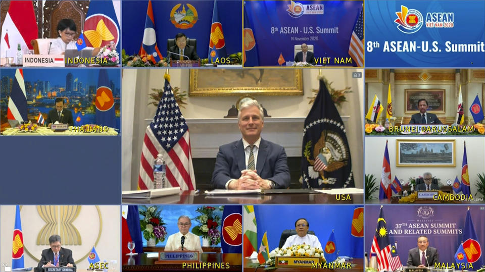 This image made from a teleconference provided by the Vietnam News Agency (VNA) shows U.S. national security adviser Robert O’Brien, center, with leaders of the Association of Southeast Asian Nations (ASEAN) during a virtual summit Saturday, Nov. 14, 2020. U.S. President Donald Trump skipped a virtual summit with his Southeast Asian counterparts on Saturday, the third year in a row that the U.S. is being represented at a lower level. (VNA via AP)