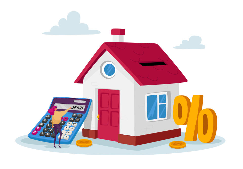 Mortgage and Home Buying Concept. Tiny Female Character with Huge Calculator and Percent Symbol at House with Golden Coins Calculate Bank Loan for Purchasing Real Estate. Cartoon Vector Illustration