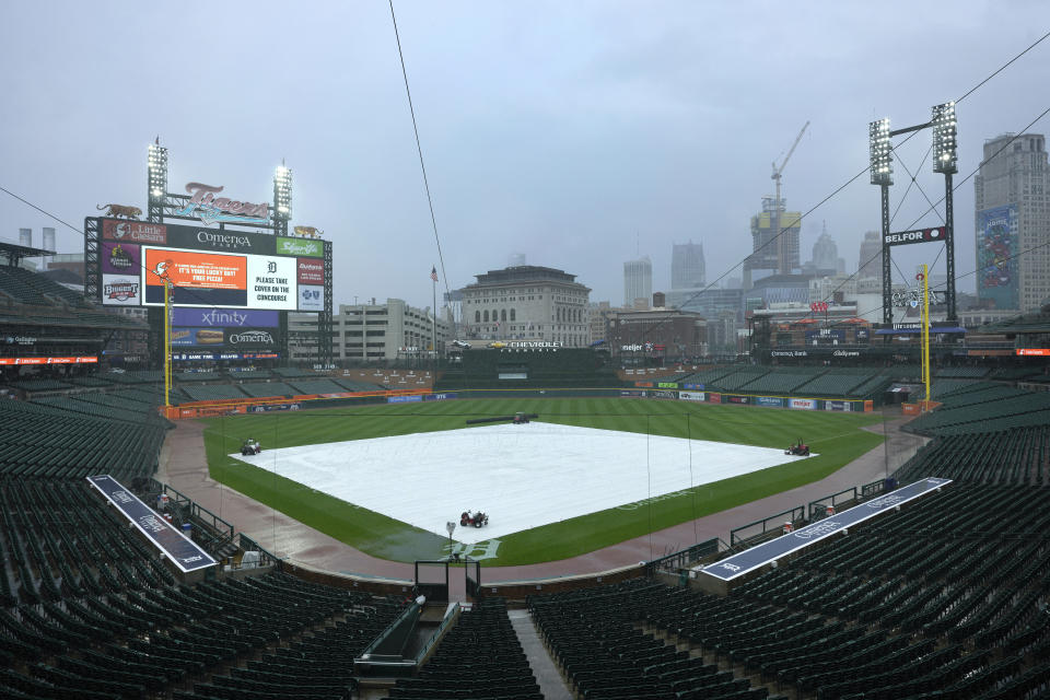 Rain falls on Comerica Park before a baseball game between the Chicago Cubs and Detroit Tigers, Wednesday, Aug. 23, 2023, in Detroit. (AP Photo/Paul Sancya)