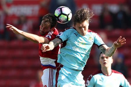 Britain Football Soccer - Middlesbrough v Burnley - Premier League - The Riverside Stadium - 8/4/17 Middlesbrough's Cristhian Stuani in action with Burnley's Jeff Hendrick Reuters / Scott Heppell Livepic
