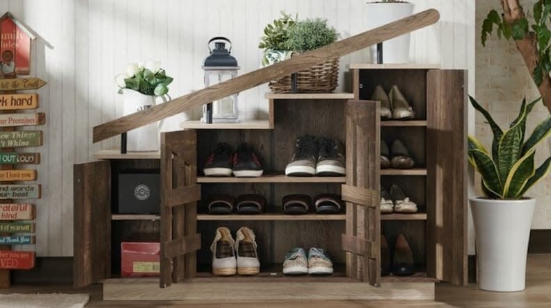 This eye-catching rustic cabinet can hold up to 12 pairs of shoes.