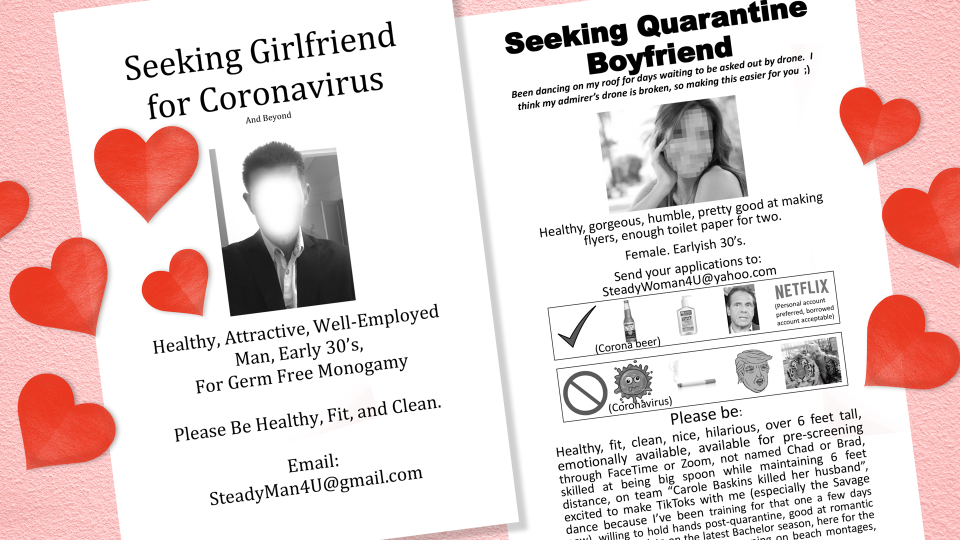 Two New York City singles posted flyers in Central Park looking for quarantine mates. "If somehow I found that special someone this way, that’s just an added bonus.  It would also be an epic ‘how we met’ story,” says one woman. (Design: Nathalie Cruz for Yahoo Lifestyle) 