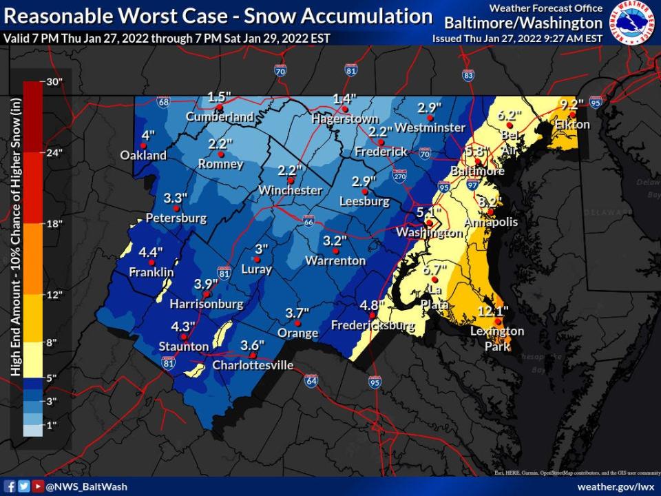 The National Weather Service's worst-case snow forecast for Washington County and West Virginia's Eastern Panhandle through Saturday, as of Thursday morning.