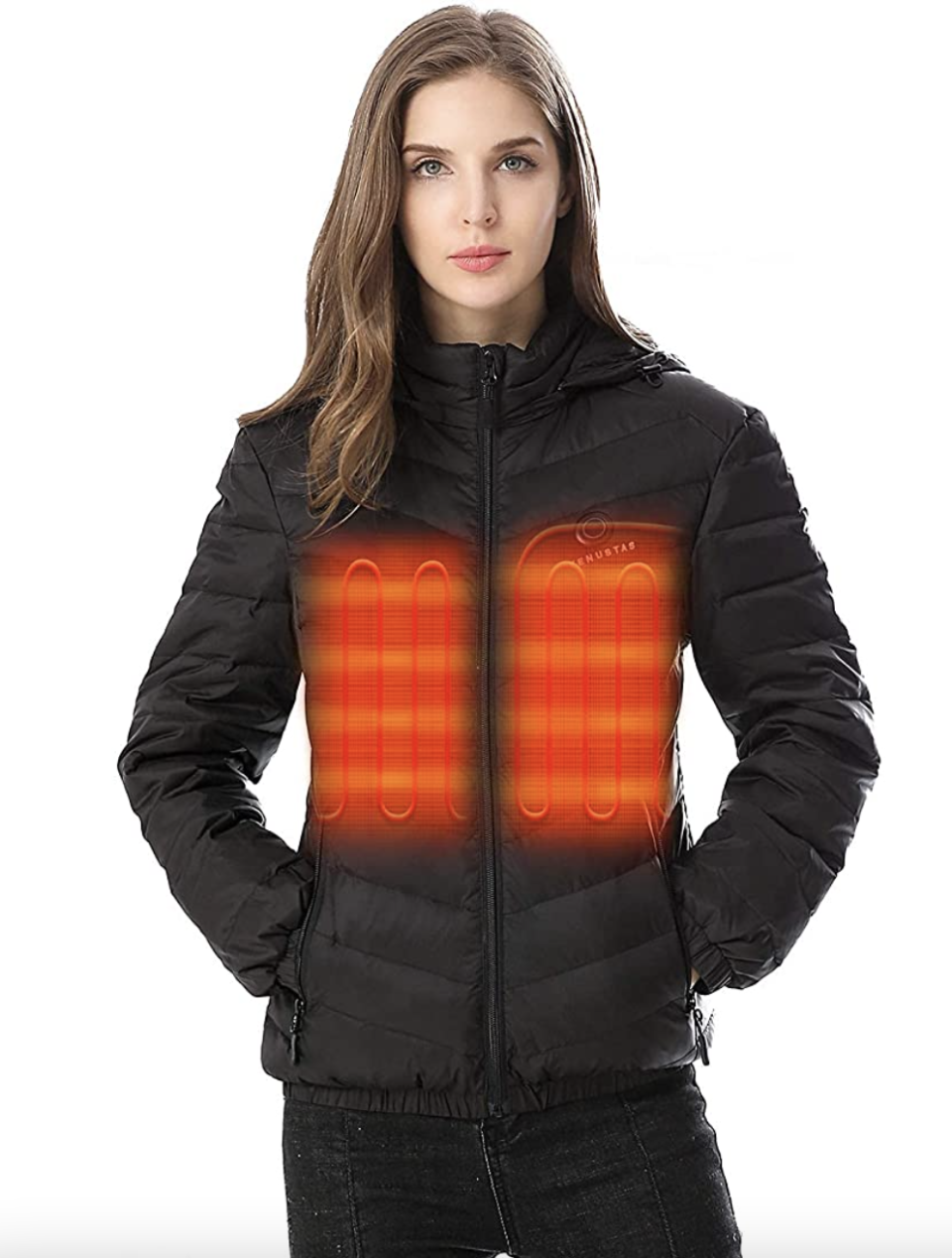 model in black and orange Venustas Women's Down Heated Jacket (Photo via Amazon)