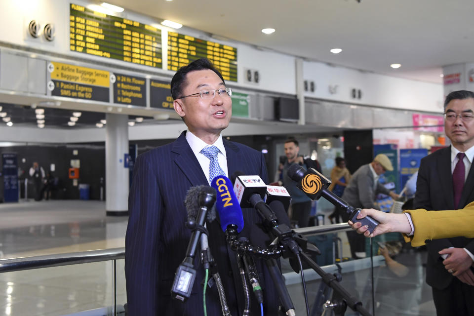 In this photo released by Xinhua News Agency, Xie Feng, China's new ambassador to the United States, speaks to the media upon his arrival at the John F. Kennedy International Airport in New York, the United States, on May 23, 2023. (Li Rui/Xinhua via AP)