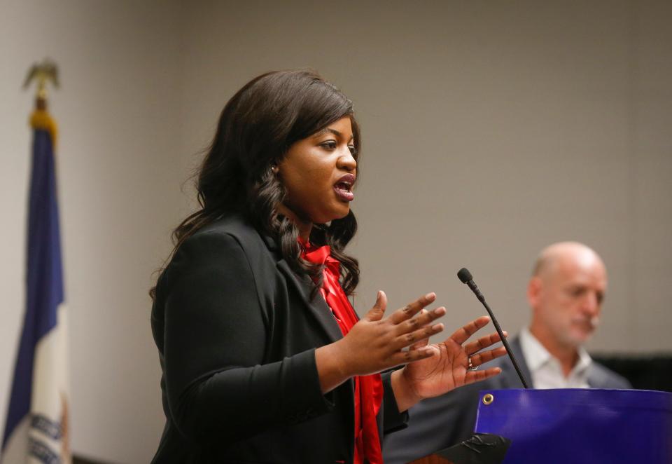 Iowa Democratic gubernatorial candidate Deidre DeJear spoke to supporters during the Iowa Unity Coalition gubernatorial candidate forum at the United Steelworkers Local 310 in Des Moines on Saturday, Jan. 22, 2022.