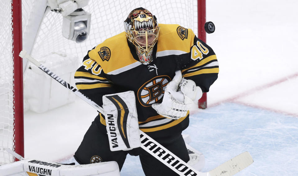 Boston Bruins goaltender Tuukka Rask makes a save during the third period of Game 7 of an NHL hockey first-round playoff series against the Toronto Maple Leafs, Tuesday, April 23, 2019, in Boston. (AP Photo/Charles Krupa)