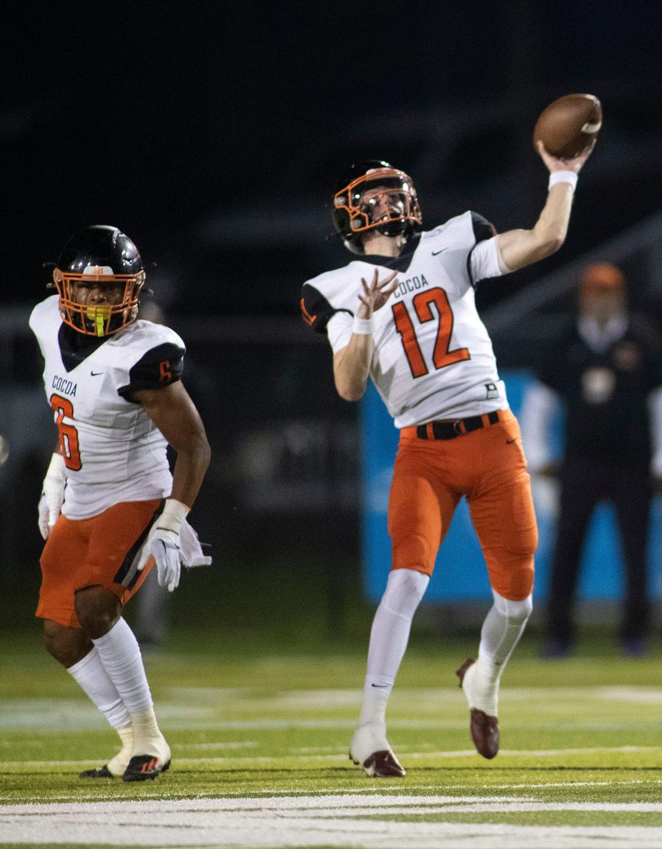 Cocoa quarterback Blake Boda (12) passes the ball as the Seminoles face the Tigers in the 2022 2S state championship at Gene Cox Stadium on Friday, Dec. 9, 2022 in Tallahassee, Fla. 