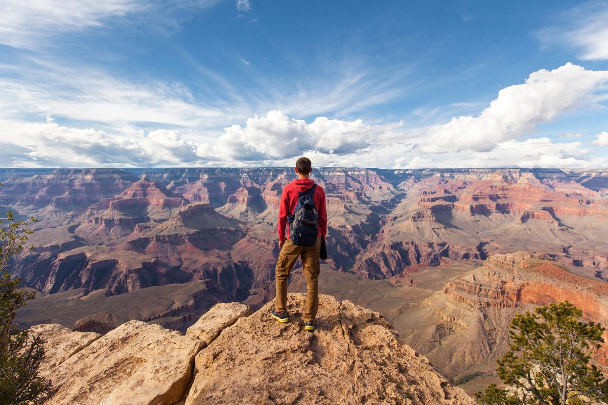 man standing at the Grand Canyon with his back to the camera