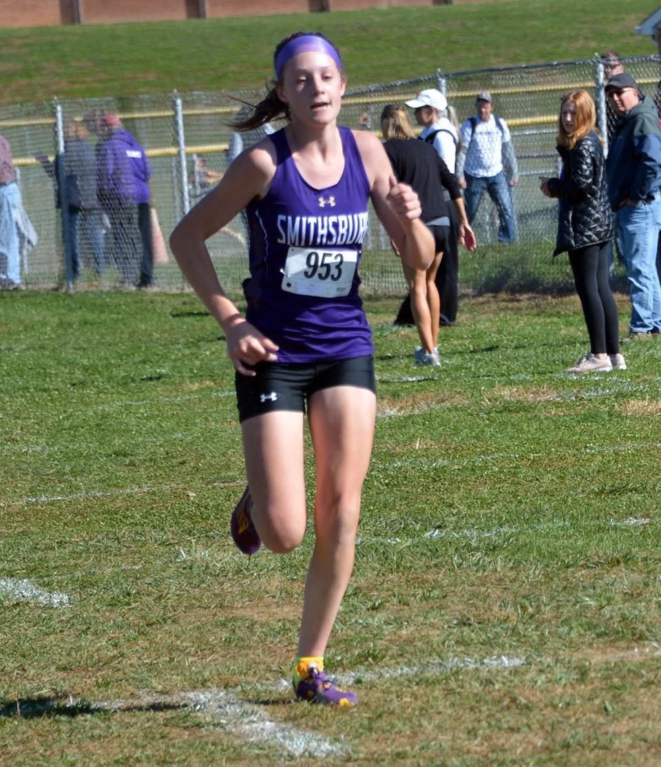 Smithsburg's Cora Gentzel heads to the finish of the Central Maryland Conference girls cross country race on Oct. 21, 2022, at Boonsboro. Gentzel finished third in the Gambrill and 11th overall.
