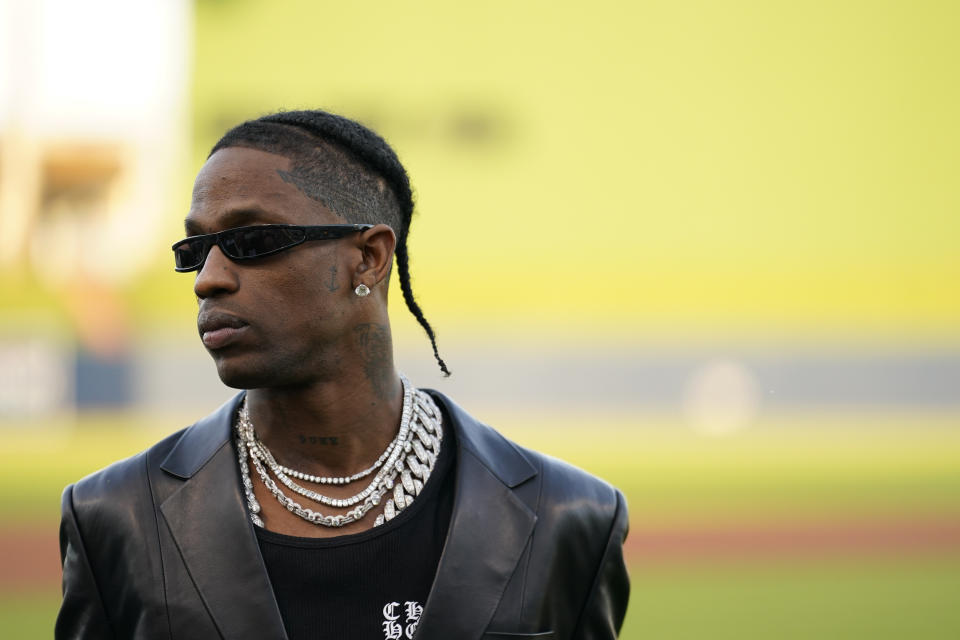 WEST PALM BEACH, FLORIDA – FEBRUARY 24: Musician Travis Scott looks on prior to throwing the opening pitch for a game between the Washington Nationals and the Houston Astros at CACTI Park of the Palm Beaches on February 24, 2024 in West Palm Beach, Florida.