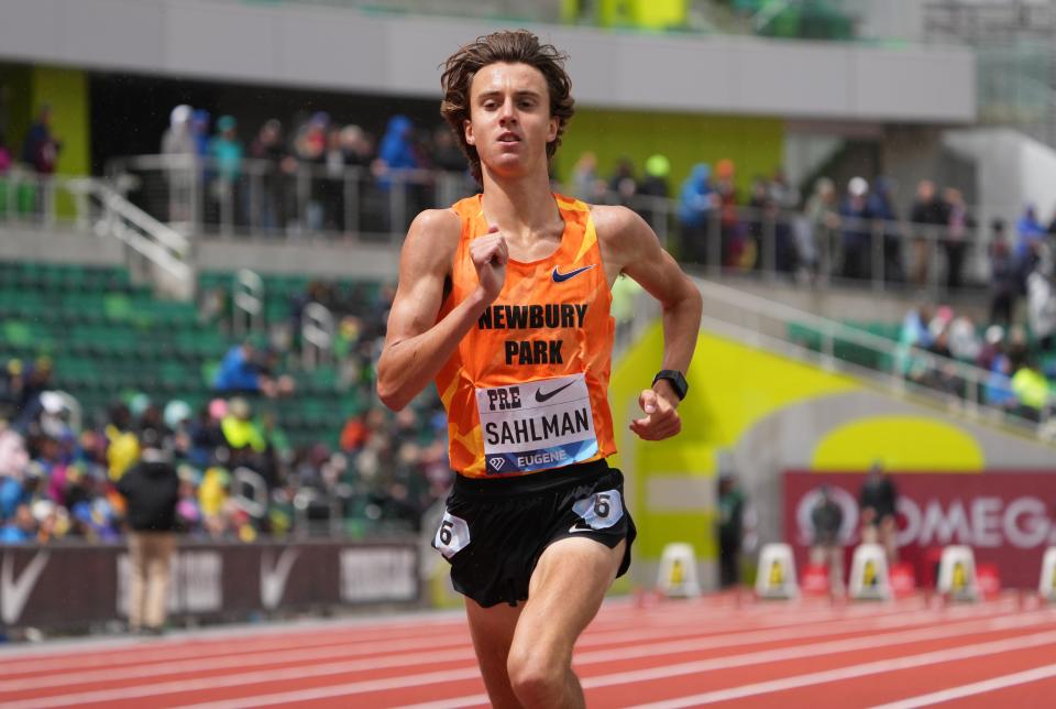 Newbury Park High's Colin Sahlman gives it his all during the 47th Prefontaine Classic in Oregon on Saturday.