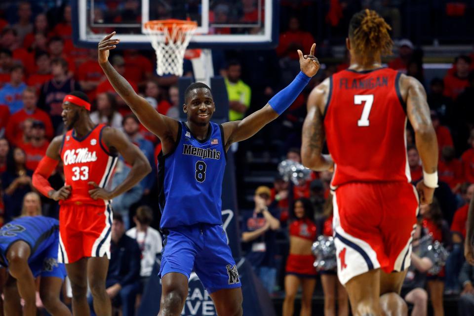 Memphis Tigers forward David Jones (8) reacts during the first half against the Mississippi Rebels at The Sandy and John Black Pavilion at Ole Miss.