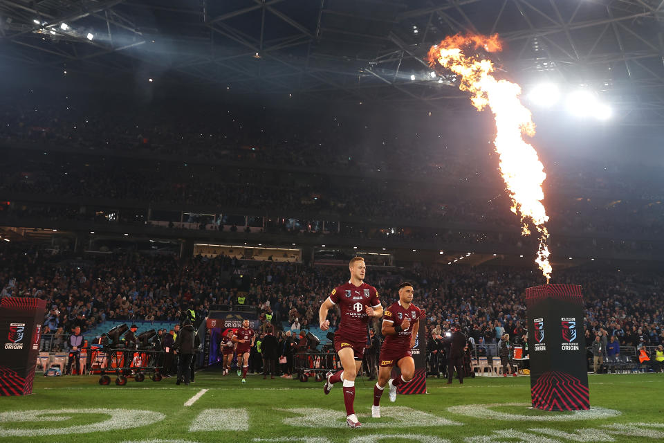 Daly Cherry-Evans, pictured here leading out Queensland for Game I of the State of Origin series.