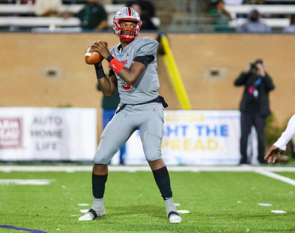 South Pointe quarterback Zavieon McCrorey (3) passes against the Beaufort Eagles in the Class 4A SC State Championship Game at Benedict College in Columbia, SC, Thursday night, December 2, 2021.