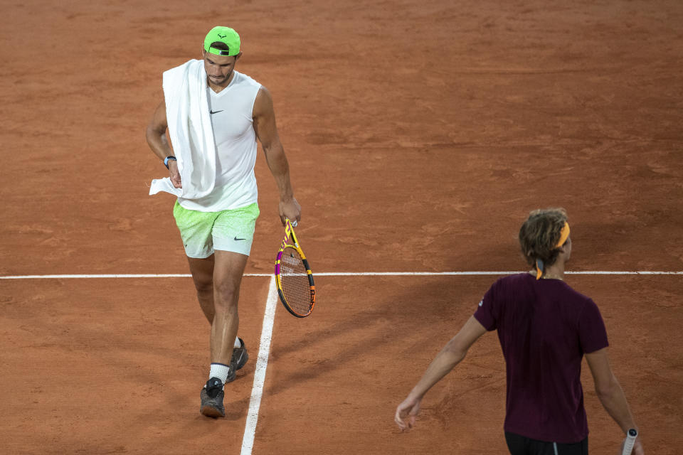 Rafael Nadal and Alexander Zverev of German during a practice match with Rafael Nadal of Spain on Court Philippe-Chatrier in preparation for the 2020 French Open.