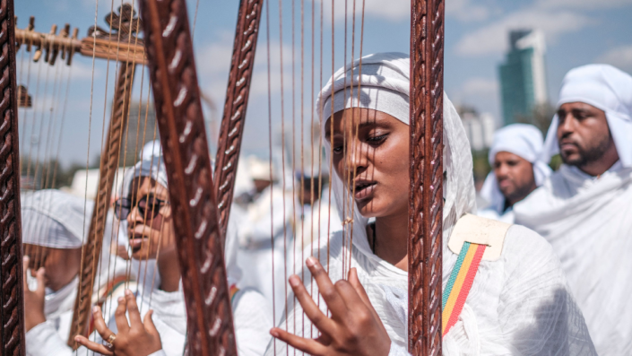 Harpists at the memorial for Bishop Merkorios in Addis Ababa, Ethiopia - Saturday 12 March 2022
