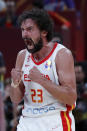 Sergio Llull of Spain reacts after scoring a three pointer against Australia during their semifinals match for the FIBA Basketball World Cup at the Cadillac Arena in Beijing, Saturday, Sept. 13, 2019. (AP Photo/Andy Wong)