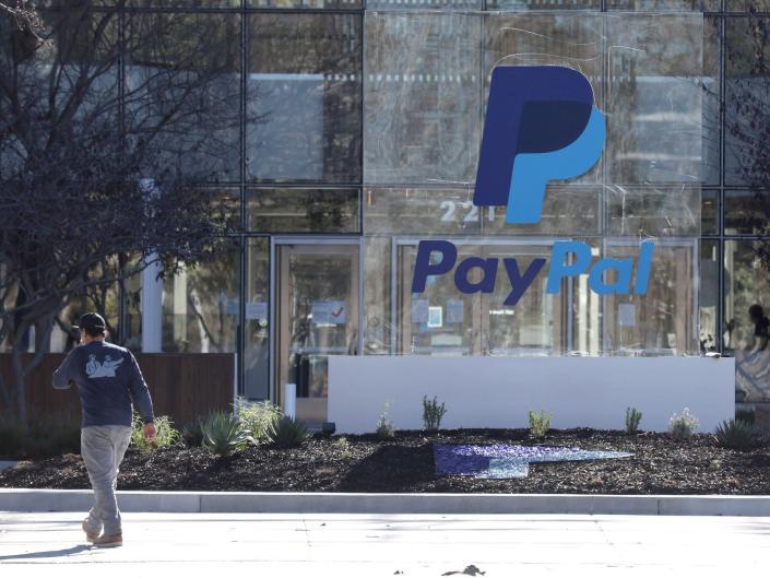 A sign is posted in front of PayPal headquarters on February 02, 2022 in San Jose, California.