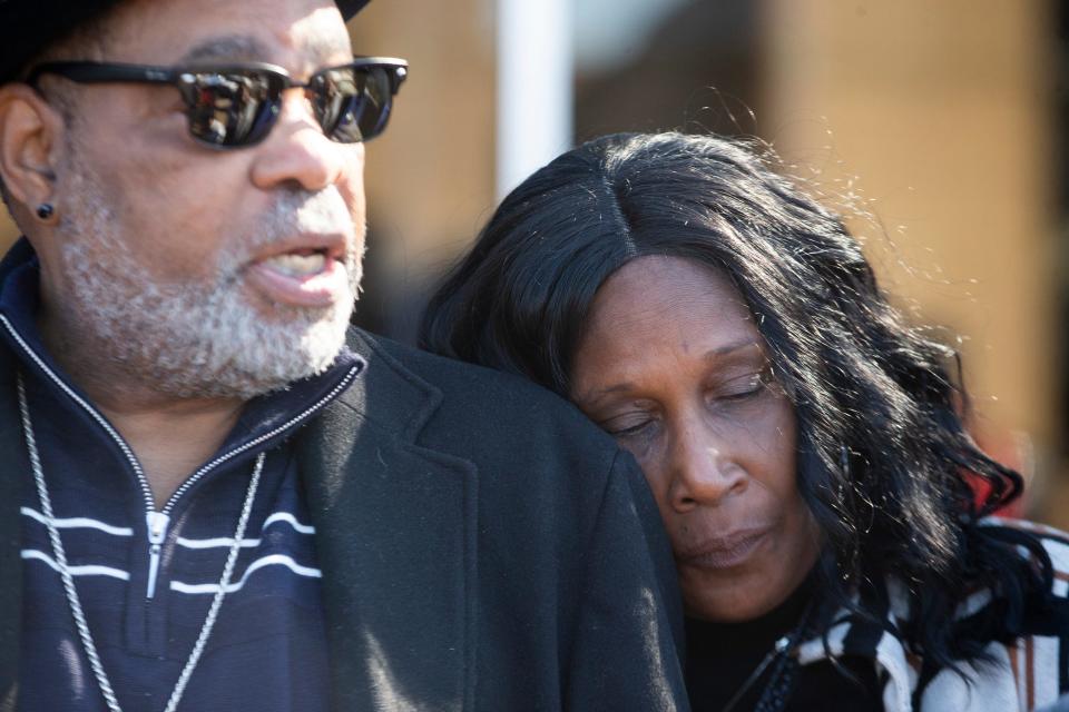 Rodney Wells, the father of Tyre Nichols, speaks to the press as RowVaughn Wells, the mother of Tyre Nichols, rests her head on his shoulder outside Odell Horton Federal Building after Desmond Mills Jr., one of the now-former Memphis police officers indicted both at the federal and state levels in connection to the beating and death of Tyre Nichols, entered a plea deal in the federal case against him in Downtown Memphis, Tenn., on Thursday, November 2, 2023.