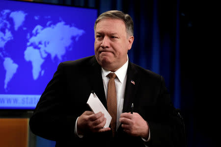 FILE PHOTO: U.S. Secretary of State Mike Pompeo leaves after a briefing on Iran at the State Department in Washington, U.S., April 8, 2019. REUTERS/Yuri Gripas/File Photo