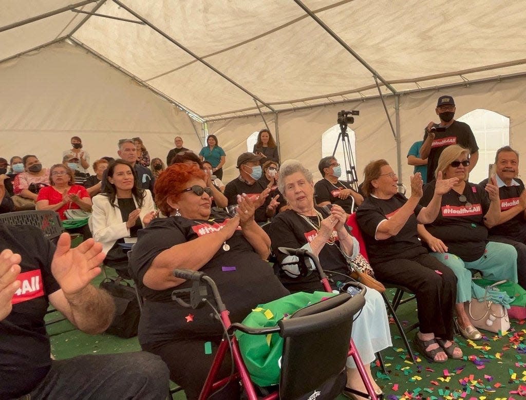 Coachella Valley residents support the expansion of Medi-Cal services for undocumented seniors in Coachella, Calif., on April 28, 2022.