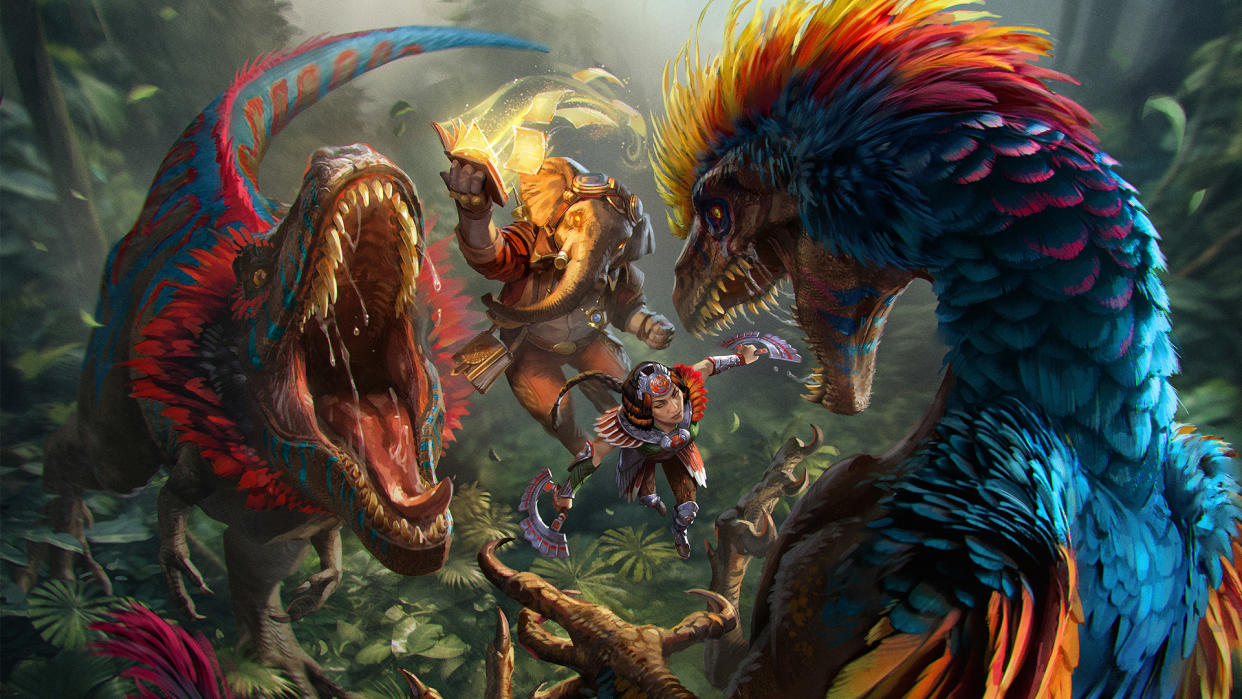  Two planeswalkers face dinosaurs. 