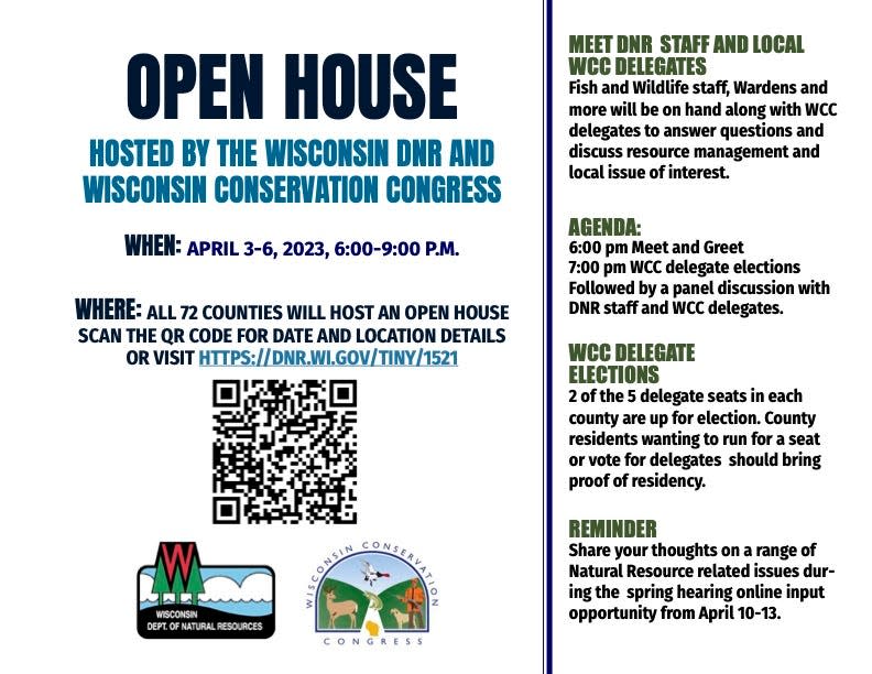 A flyer describes the new open house format for local meetings as part of the 2023 Wisconsin spring hearings process. Members of the DNR and Wisconsin Conservation Congress will be present at the local meetings. Elections for WCC county delegates will also take place.