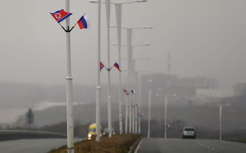 North Korean and Russian flags fly from lampposts on Russky island where the leaders will meet - Credit: STR/AFP/Getty