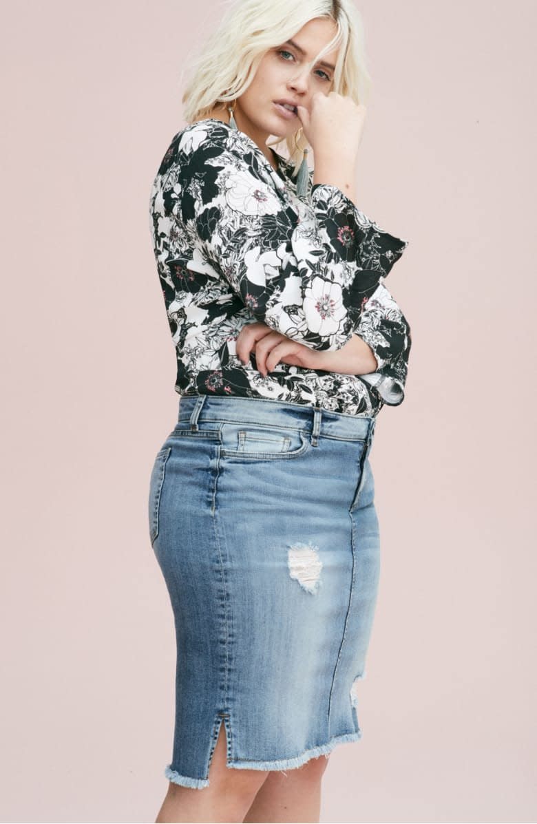 <strong>Sizes</strong>: 14 to 24<br />Get it from <a href="https://shop.nordstrom.com/s/kut-from-the-kloth-connie-step-hem-denim-skirt-plus-size/4893549?origin=keywordsearch-personalizedsort&amp;color=meditative" target="_blank" rel="noopener noreferrer">Nordstrom</a>.