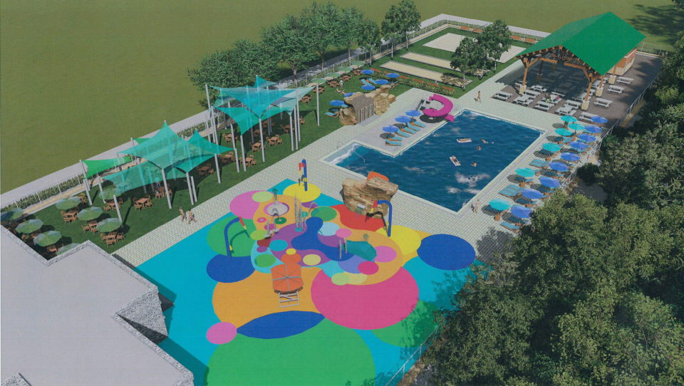 A conceptual drawing of what the new Budlong Pool could look like, prepared by Saccoccio & Associates for the city of Cranston. According to a city spokesman, "The pool and splashpad locations will be flipped with the resized pool closer to the bath house, and without the splashpad or open pavilion.