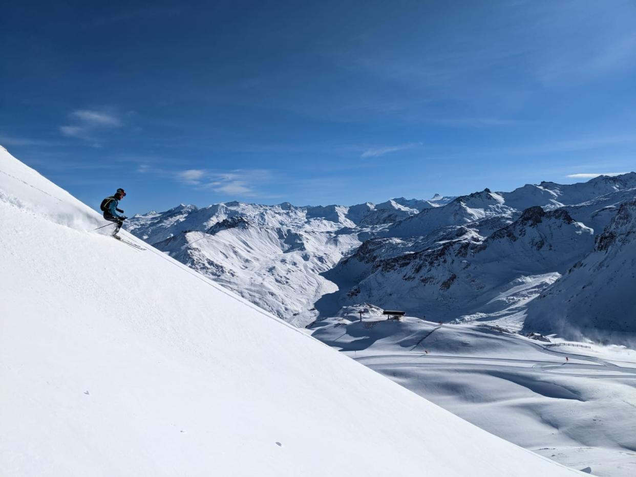 Cam Smith skis in the Alps during his 2022-23 ski mountaneering season. Smith recently tore his ACL and recently had surgery to repair it.