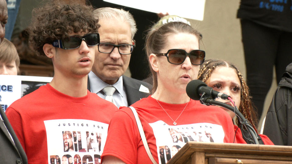 Families and supporters of Samuel Sterling and Riley Doggett spoke at the Michigan Capitol on Friday, June 7, 2024. (WLNS)