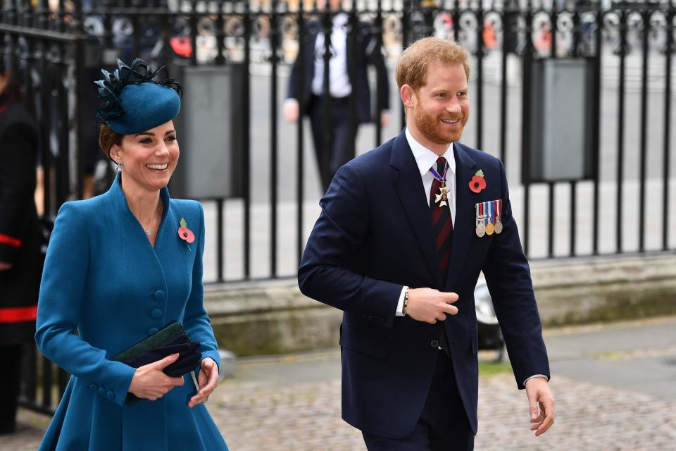 Duchess Kate and Prince Harry were all smiles at an appearance together at an Anzac Day service in Westminster Abbey on Thursday.