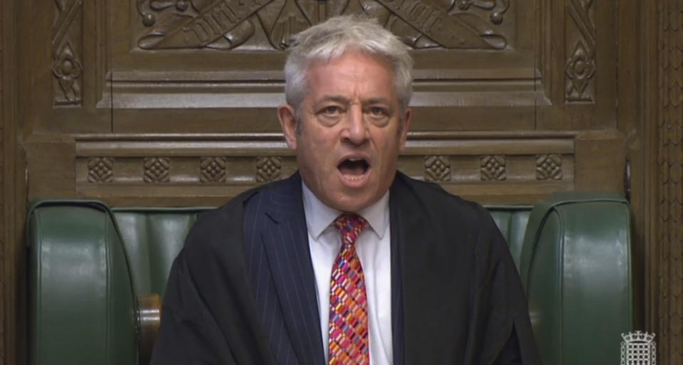 John Bercow, Speaker of the House of Commons calls the house to order in the House of Commons, London, Wednesday Sept. 25, 2019. Britain's House of Commons reconvened on Wednesday following the bombshell Supreme Court ruling that Prime Minister Boris Johnson had acted illegally by suspending Parliament — in effect stymieing efforts to consider laws surrounding Brexit. (Parliament TV via AP)