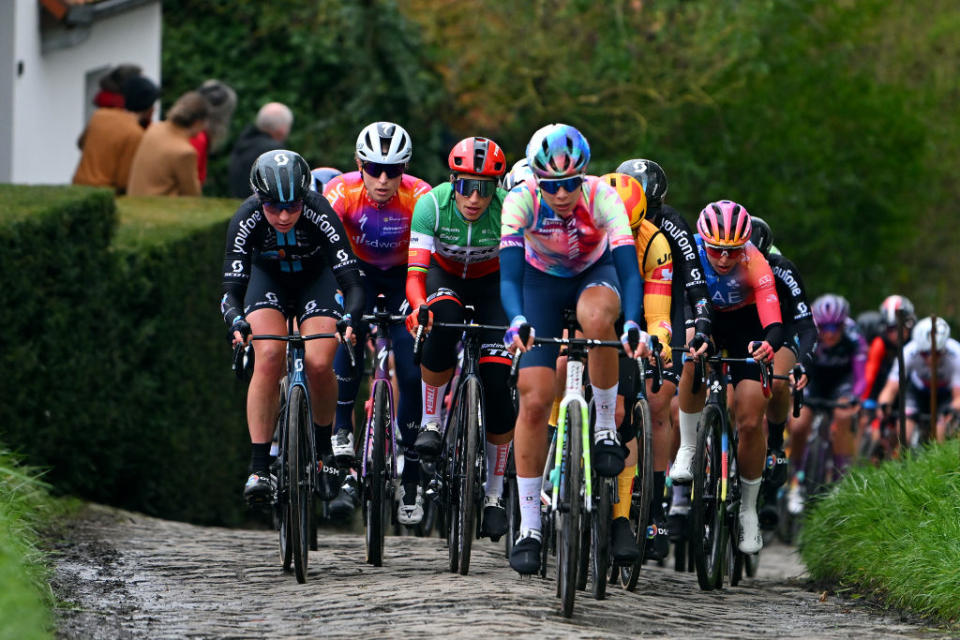 OUDENAARDE BELGIUM  APRIL 02 LR Marlen Reusser of Switzerland and Team SD Worx and Elisa Balsamo of Italy and Team TrekSegafredo compete during the 20th Ronde van Vlaanderen  Tour des Flandres 2023 Womens Elite a 1566km one day race from Oudenaarde to Oudenaarde  UCIWWT  on April 02 2023 in Oudenaarde Belgium Photo by Luc ClaessenGetty Images