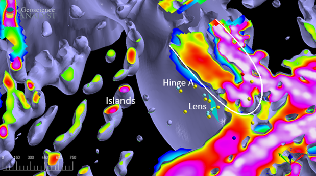 “Zoomed In” Subsurface 3D Magnetics, Top Priority Target Areas displaying the massive subsurface magnetic target bodies (Hinge A, Lens & Islands Areas)