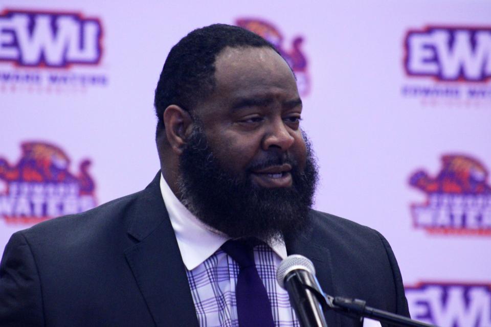 Edward Waters University head men's basketball coach Cabral Huff speaks during his introductory press conference on Wednesday.