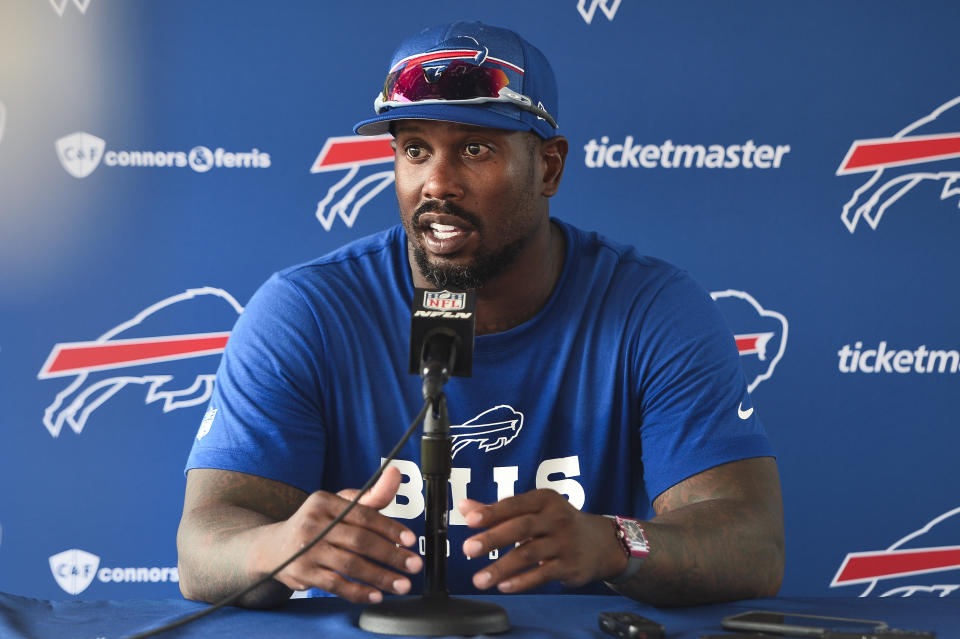 FILE - Buffalo Bills linebacker Von Miller speaks during a news conference after practice at the NFL football team's training camp in Pittsford, N.Y., Wednesday, July 26, 2023. Bills edge rusher Von Miller is scheduled to resume practicing on Wednesday, and isn't ruling out the possibility of making his season debut in Buffalo's 