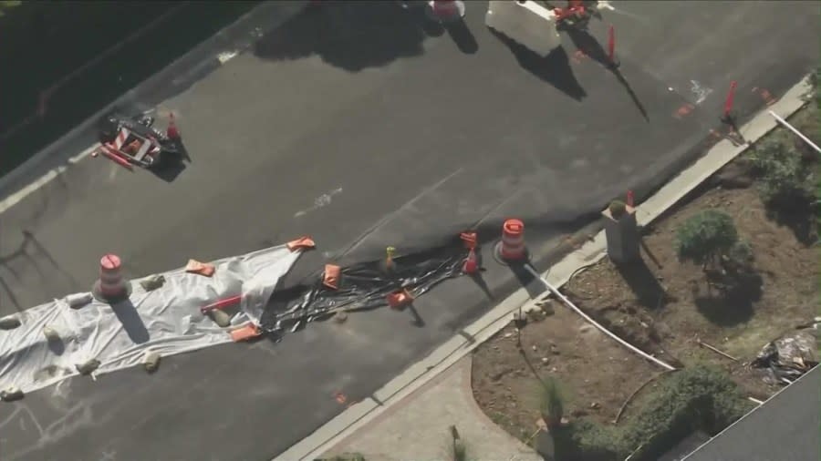 Following a destructive rainstorm that pummeled Southern California, a massive landslide is threatening a neighborhood in Rancho Palos Verdes on Feb. 8, 2024. (KTLA)