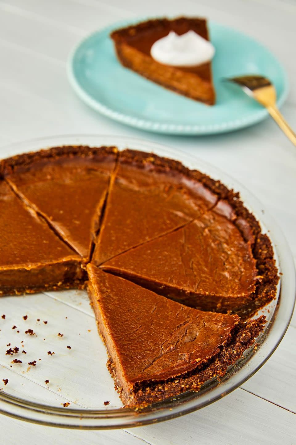 <p>This <a href="https://www.delish.com/cooking/recipe-ideas/recipes/a55690/best-sweet-potato-pie-recipe/" rel="nofollow noopener" target="_blank" data-ylk="slk:sweet potato pie;elm:context_link;itc:0;sec:content-canvas" class="link ">sweet potato pie</a> is extremely good, thanks to an oat pecan crust and a creamy, spiced filling. Look for vegan marshmallows to top it, or keep it simple with your own vegan whipped topping using coconut cream.</p><p>Get the <strong><a href="https://www.delish.com/holiday-recipes/thanksgiving/a22655817/easy-vegan-sweet-potato-pie-recipe/" rel="nofollow noopener" target="_blank" data-ylk="slk:Vegan Sweet Potato Pie recipe;elm:context_link;itc:0;sec:content-canvas" class="link ">Vegan Sweet Potato Pie recipe</a></strong>.</p>